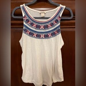 Lucky Brand Ivory Tank Top with Red and Blue Embroidery L